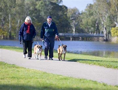 People walking dogs on Lake Benalla