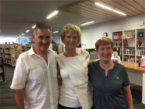 Acclaimed author Glenna Thomson with local identity, Jim Myconos, and Deb Saunders, Benalla Library Coordinator